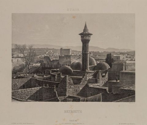 Print. We look across open-roofed or partially ruined stone structures at a tower that rises amid four rounded domes. A town stretches into the distance.