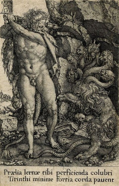 Print. A muscular, nude man swings a spiky club up over one shoulder as he looks at a six-headed creature with the body of a lion, tail and long necks of a serpent, and lion or dragon faces. Latin text beneath reads, “Prælia lernæ tibi perficienda colubri Tirinthi minime fortia cord pauent”.